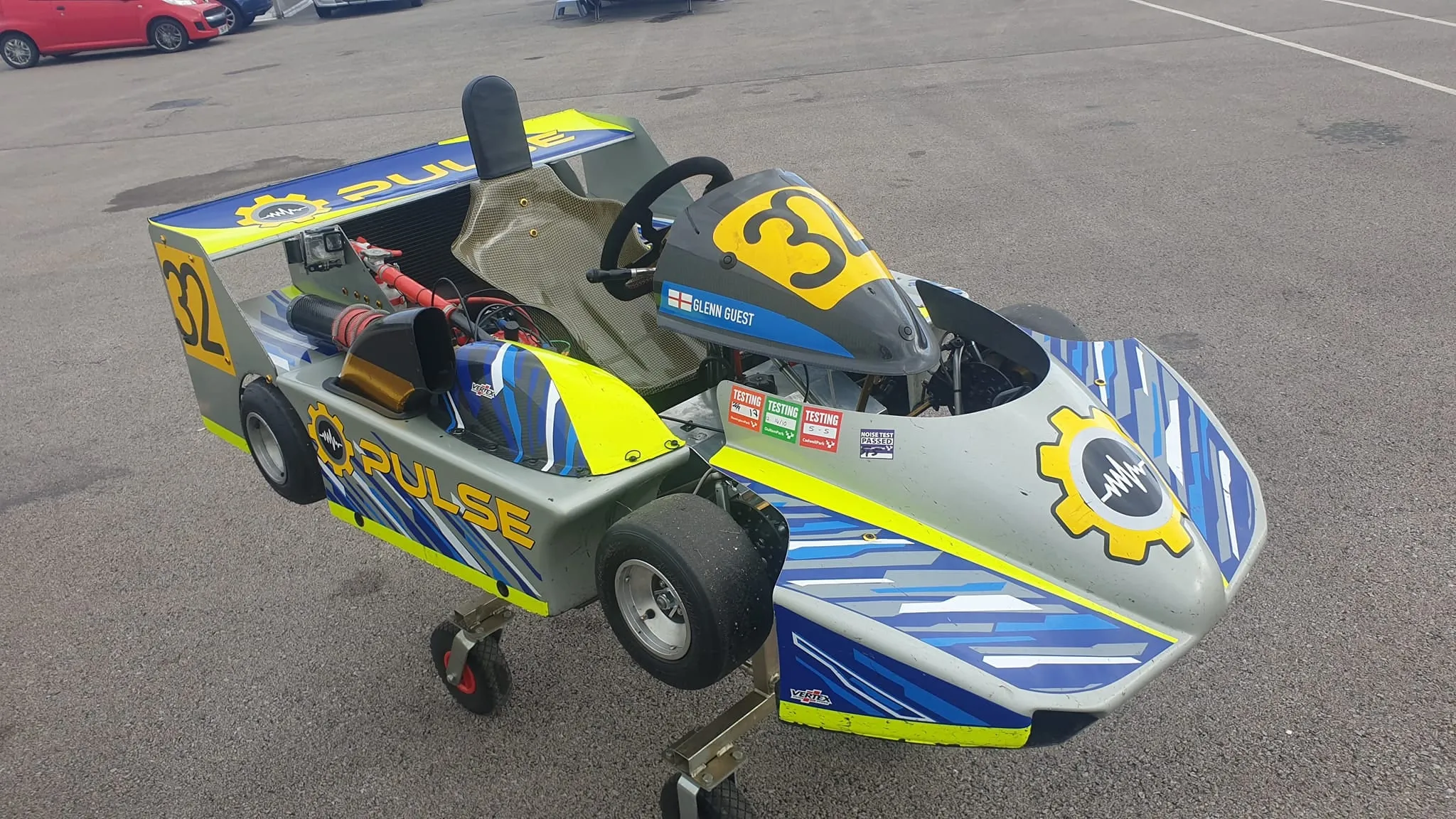 The Pulse-liveried superkart on its stand